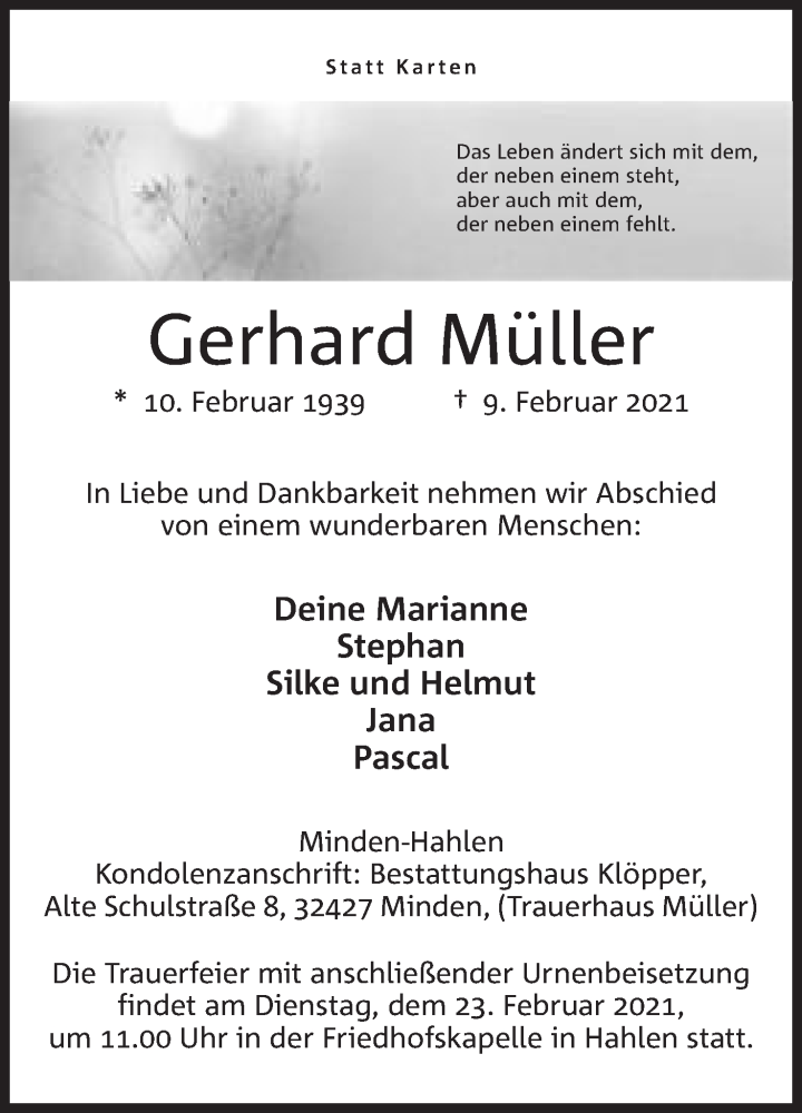  Traueranzeige für Gerhard Müller vom 13.02.2021 aus Mindener Tageblatt