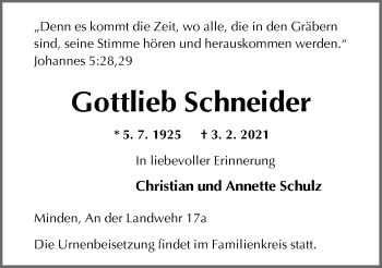 Anzeige von Gottlieb Schneider von Mindener Tageblatt