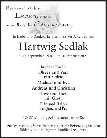 Anzeige von Hartwig Sedlak von Mindener Tageblatt