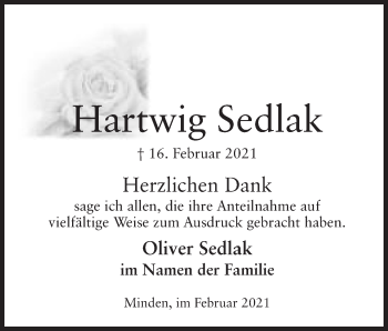 Anzeige von Hartwig Sedlak von Mindener Tageblatt