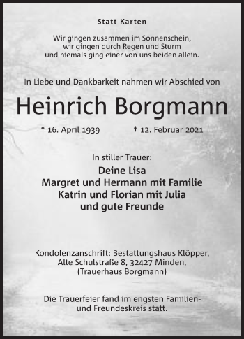 Anzeige von Heinrich Borgmann von Mindener Tageblatt