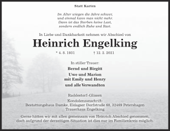 Anzeige von Heinrich Engelking von Mindener Tageblatt