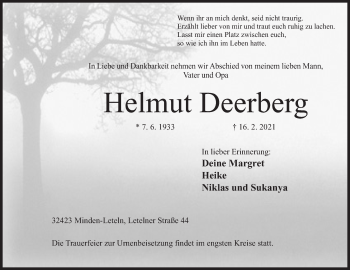 Anzeige von Helmut Deerberg von Mindener Tageblatt