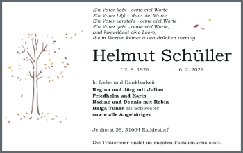 Anzeige von Helmut Schüller von Mindener Tageblatt