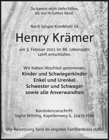 Anzeige von Henry Krämer von Mindener Tageblatt