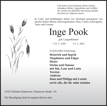 Anzeige von Inge Pook von Mindener Tageblatt