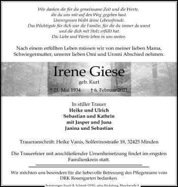 Anzeige von Irene Giese von Mindener Tageblatt