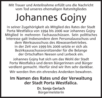 Anzeige von Johannes Gojny von Mindener Tageblatt