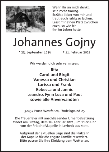 Anzeige von Johannes Gojny von Mindener Tageblatt
