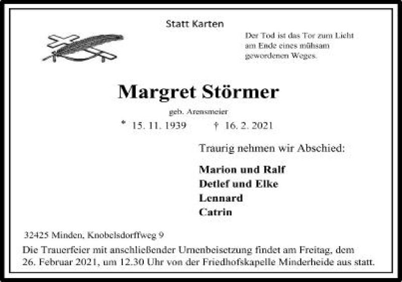  Traueranzeige für Margret Störmer vom 20.02.2021 aus Mindener Tageblatt