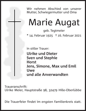Anzeige von Marie Augat von Mindener Tageblatt