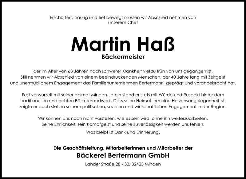  Traueranzeige für Martin Haß vom 27.02.2021 aus Mindener Tageblatt