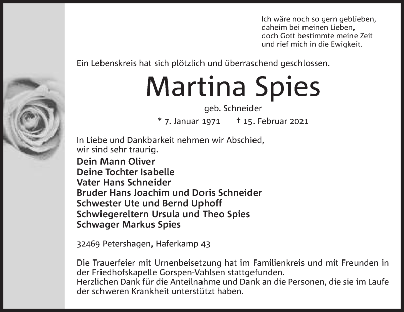  Traueranzeige für Martina Spies vom 27.02.2021 aus Mindener Tageblatt