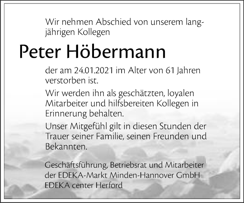  Traueranzeige für Peter Höbermann vom 20.02.2021 aus Mindener Tageblatt