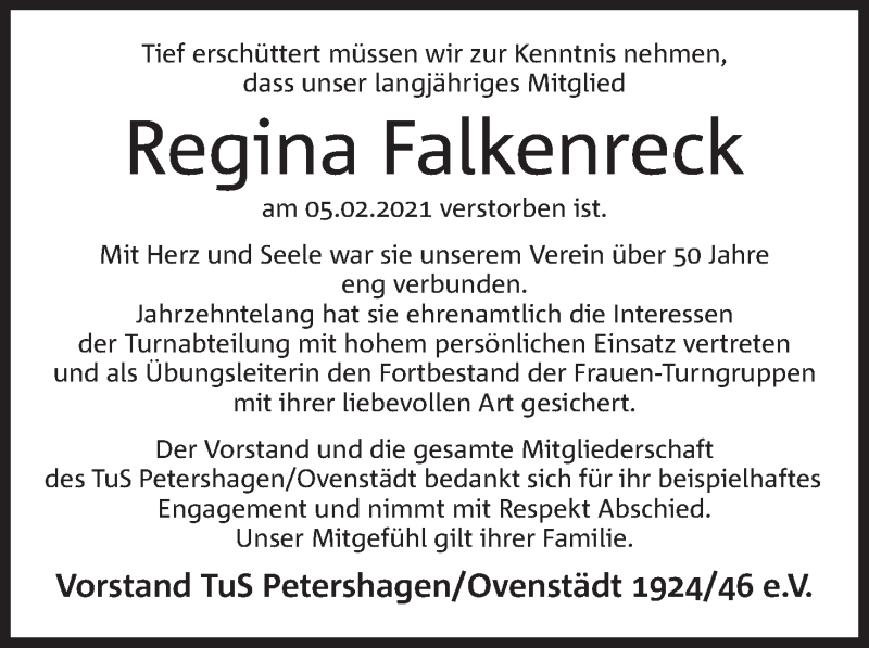  Traueranzeige für Regina Falkenreck vom 13.02.2021 aus Mindener Tageblatt