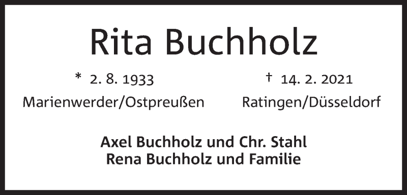  Traueranzeige für Rita Buchholz vom 20.02.2021 aus Mindener Tageblatt