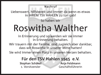 Anzeige von Roswitha Walther von Mindener Tageblatt