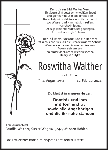 Anzeige von Roswitha Walther von Mindener Tageblatt