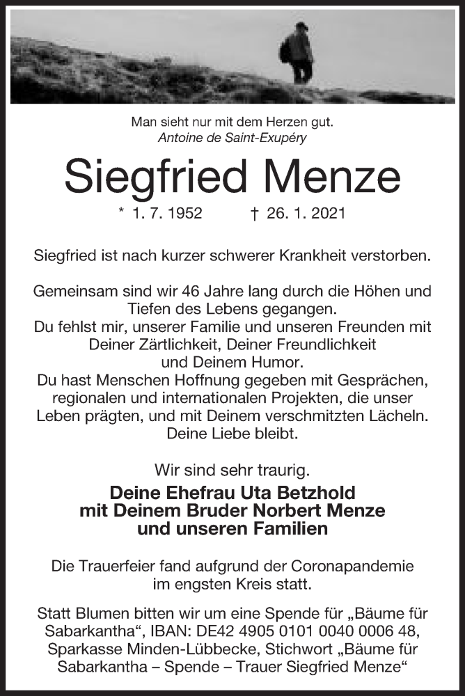  Traueranzeige für Siegfried Menze vom 13.02.2021 aus Mindener Tageblatt