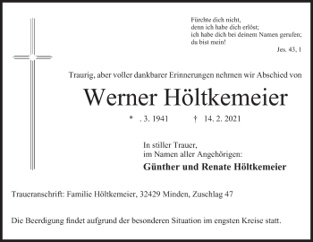 Anzeige von Werner Höltkemeier von Mindener Tageblatt
