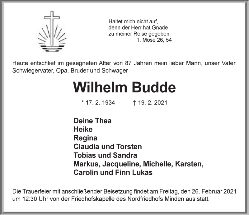  Traueranzeige für Wilhelm Budde vom 20.02.2021 aus Mindener Tageblatt