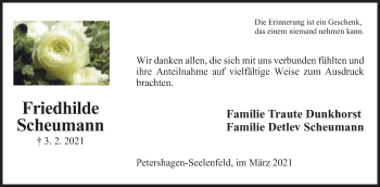 Anzeige von Friedhilde Scheumann von Mindener Tageblatt