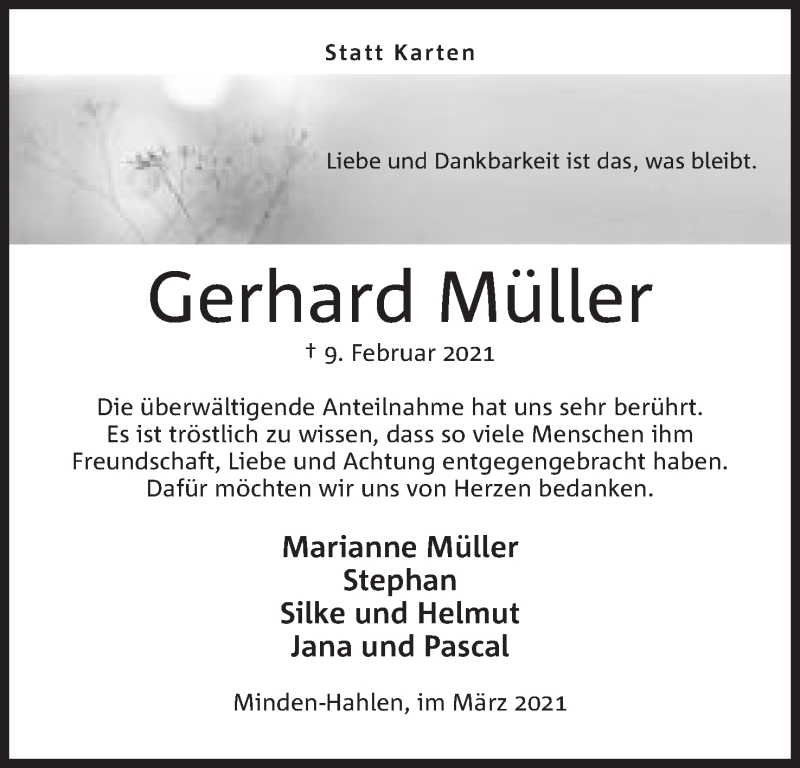  Traueranzeige für Gerhard Müller vom 20.03.2021 aus Mindener Tageblatt