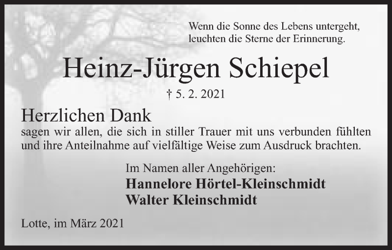  Traueranzeige für Heinz-Jürgen Schiepel vom 20.03.2021 aus Mindener Tageblatt