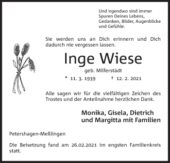 Anzeige von Inge Wiese von Mindener Tageblatt