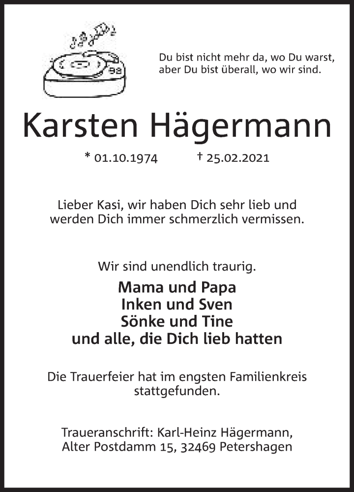  Traueranzeige für Karsten Hägermann vom 06.03.2021 aus Mindener Tageblatt