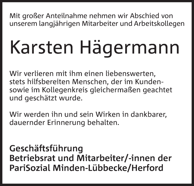  Traueranzeige für Karsten Hägermann vom 06.03.2021 aus Mindener Tageblatt