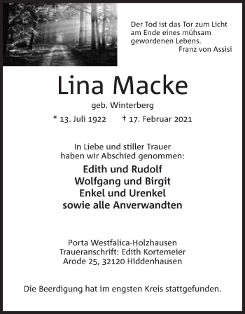 Anzeige von Lina Macke von Mindener Tageblatt