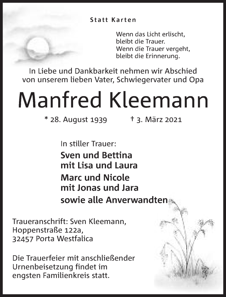  Traueranzeige für Manfred Kleemann vom 06.03.2021 aus Mindener Tageblatt