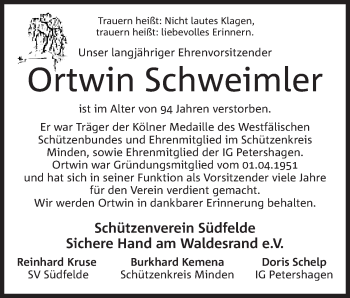 Anzeige von Ortwin Schweimler von Mindener Tageblatt