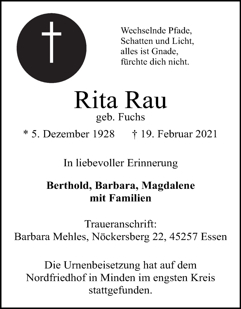  Traueranzeige für Rita Rau vom 06.03.2021 aus Mindener Tageblatt
