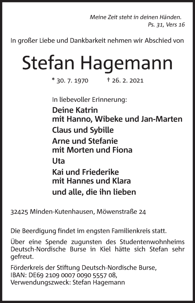  Traueranzeige für Stefan Hagemann vom 03.03.2021 aus Mindener Tageblatt