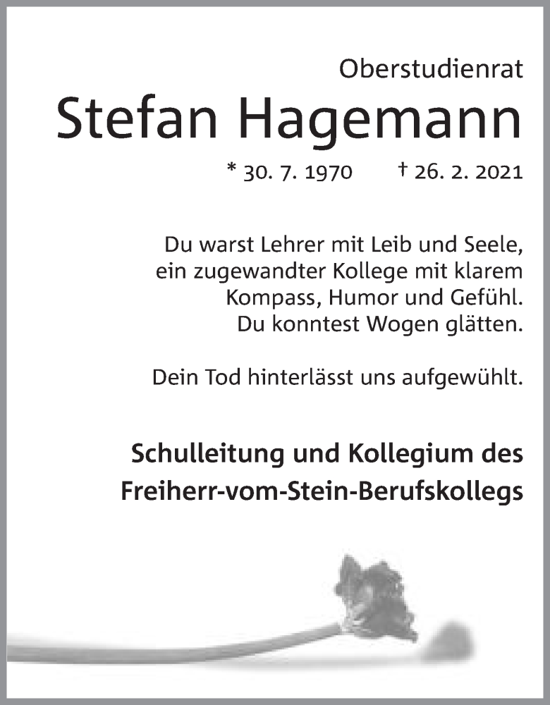  Traueranzeige für Stefan Hagemann vom 03.03.2021 aus Mindener Tageblatt