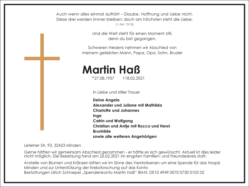  Traueranzeige für Martin Haß vom 27.02.2021 aus Mindener Tageblatt