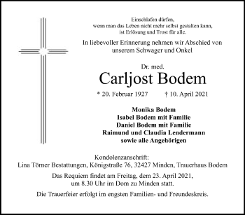 Anzeige von Carljost Bodem von Mindener Tageblatt