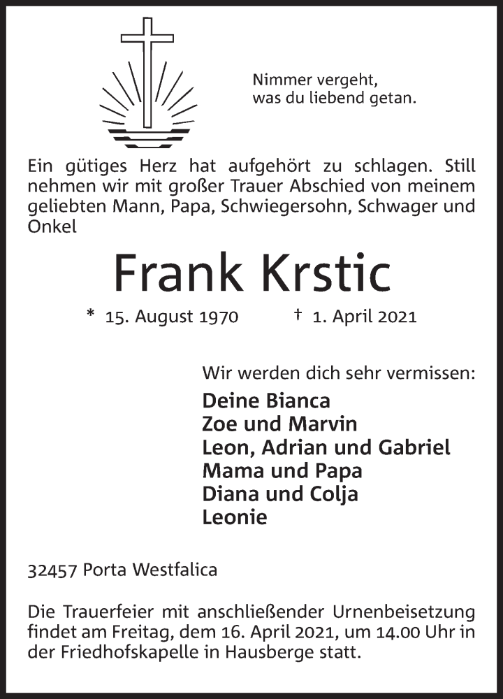 Traueranzeigen von Frank Krstic | Trauer.MT.de