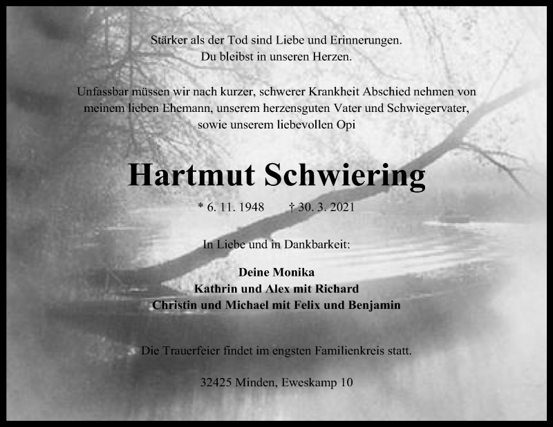  Traueranzeige für Hartmut Schwiering vom 06.04.2021 aus Mindener Tageblatt