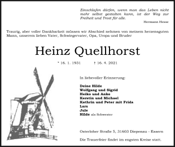 Anzeige von Heinz Quellhorst von Mindener Tageblatt