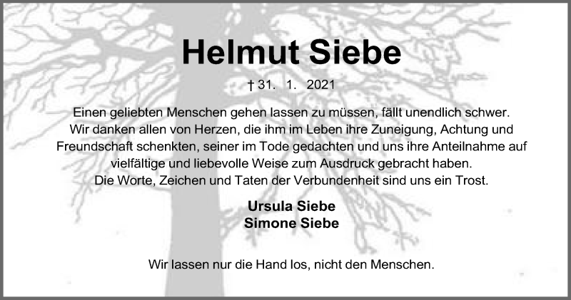  Traueranzeige für Helmut Siebe vom 02.04.2021 aus Mindener Tageblatt