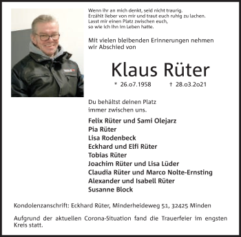 Anzeige von Klaus Rüter von Mindener Tageblatt