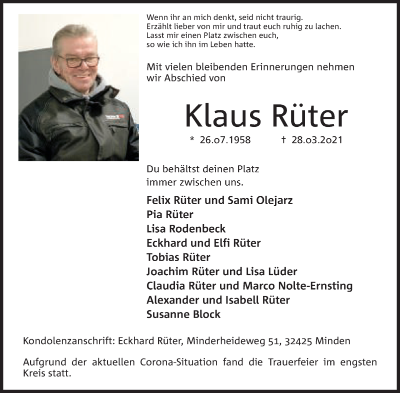  Traueranzeige für Klaus Rüter vom 10.04.2021 aus Mindener Tageblatt