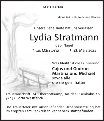 Anzeige von Lydia Stratmann von Mindener Tageblatt