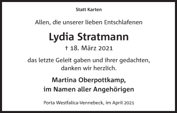 Anzeige von Lydia Stratmann von Mindener Tageblatt