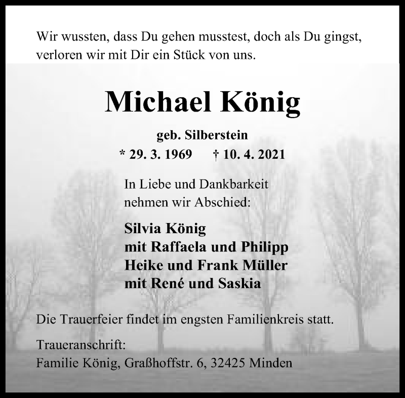  Traueranzeige für Michael König vom 13.04.2021 aus Mindener Tageblatt