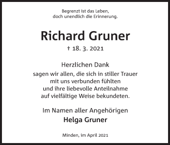 Anzeige von Richard Gruner von Mindener Tageblatt