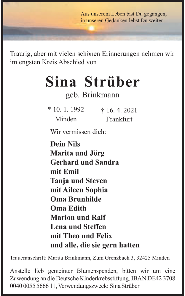 Traueranzeige für Sina Strüber vom 24.04.2021 aus Mindener Tageblatt